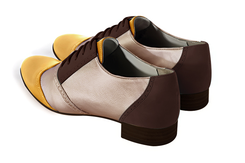 Mustard yellow, tan beige and dark brown women's fashion lace-up shoes. Round toe. Flat leather soles. Rear view - Florence KOOIJMAN